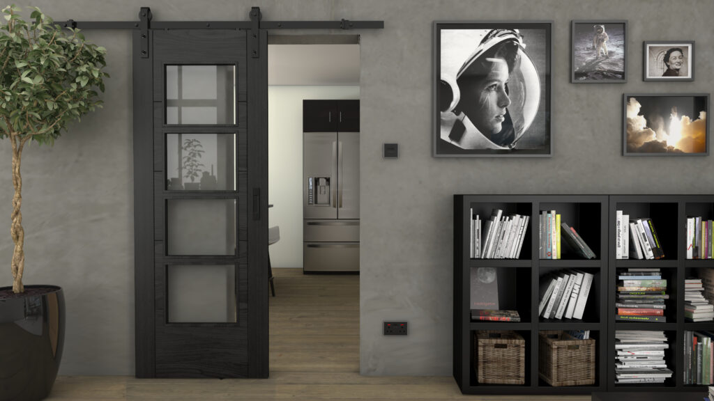 ISEO Black Oak 4 Light Clear Glass Prefinished Sliding Barn Door